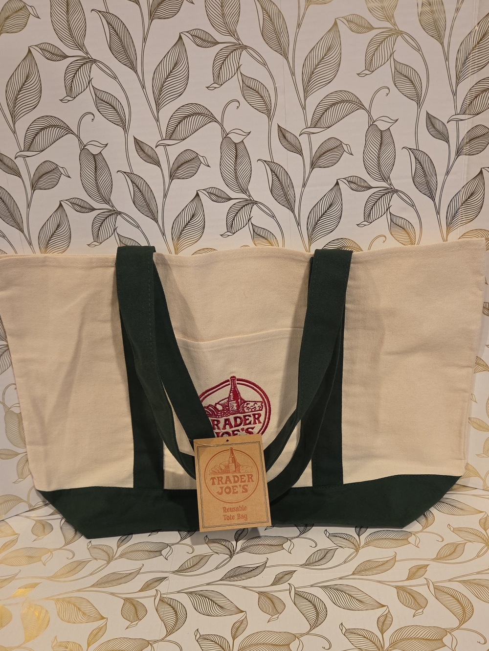Trader JOES Reusable Canvas Tote Bag - Cream with Dark Green Accents
